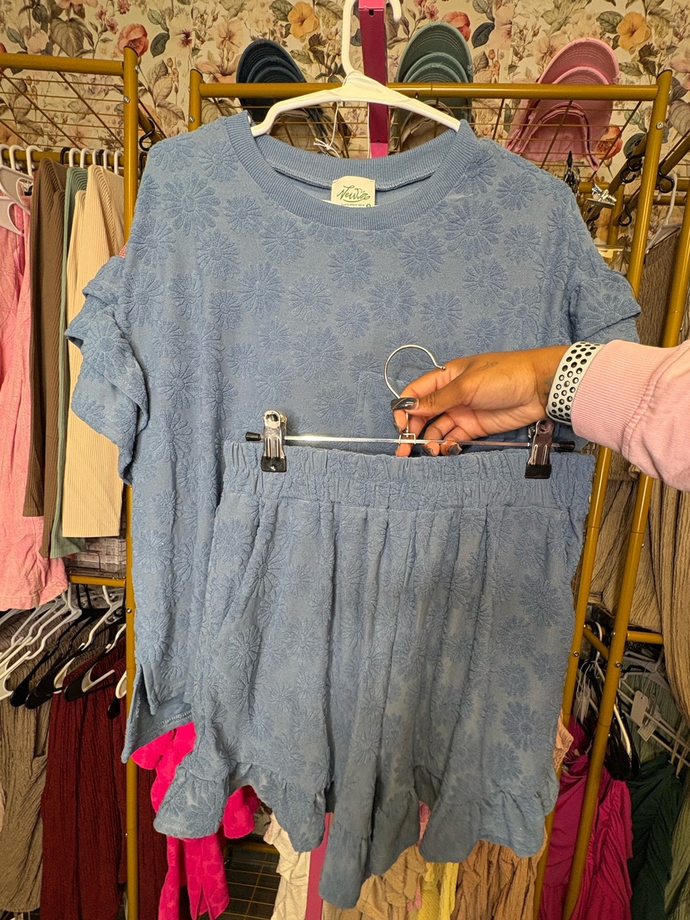 Floral Textured Ruffle Knit Top & Short Set - Denim - Picture 4 of 4